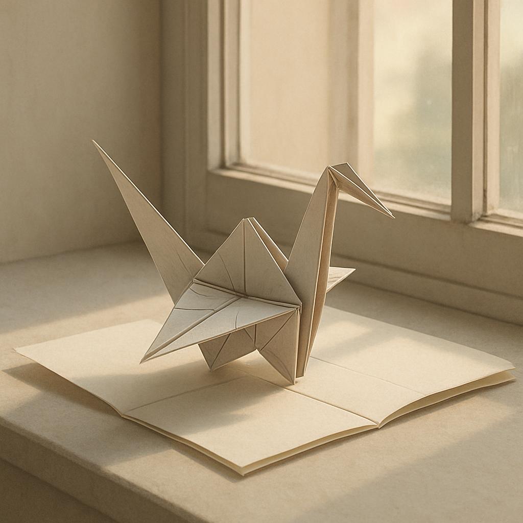 An off-white, intricately folded origami crane sits atop a book unfolded from the paper, rest against a plain ceiling. The...