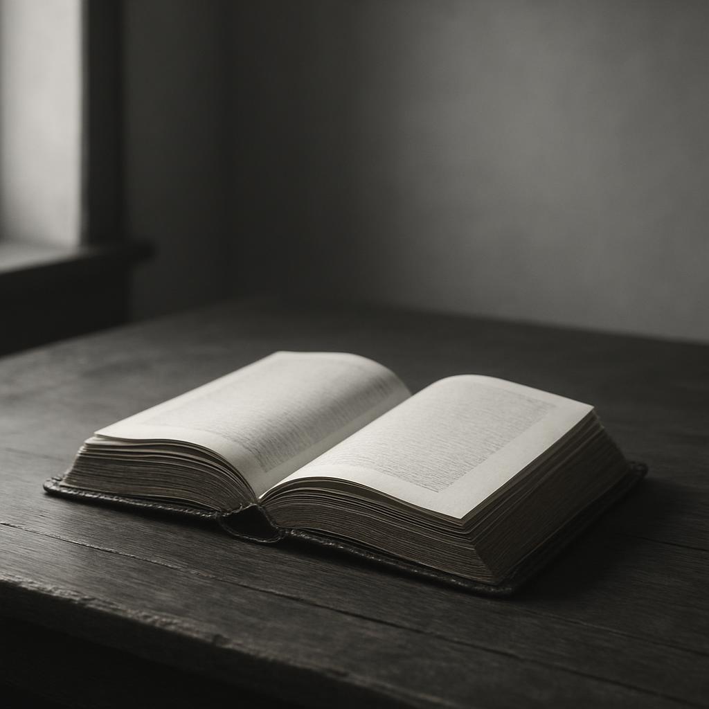 An open book is displaying, seemingly rest on a table with white sheet pages and black text lines visible.