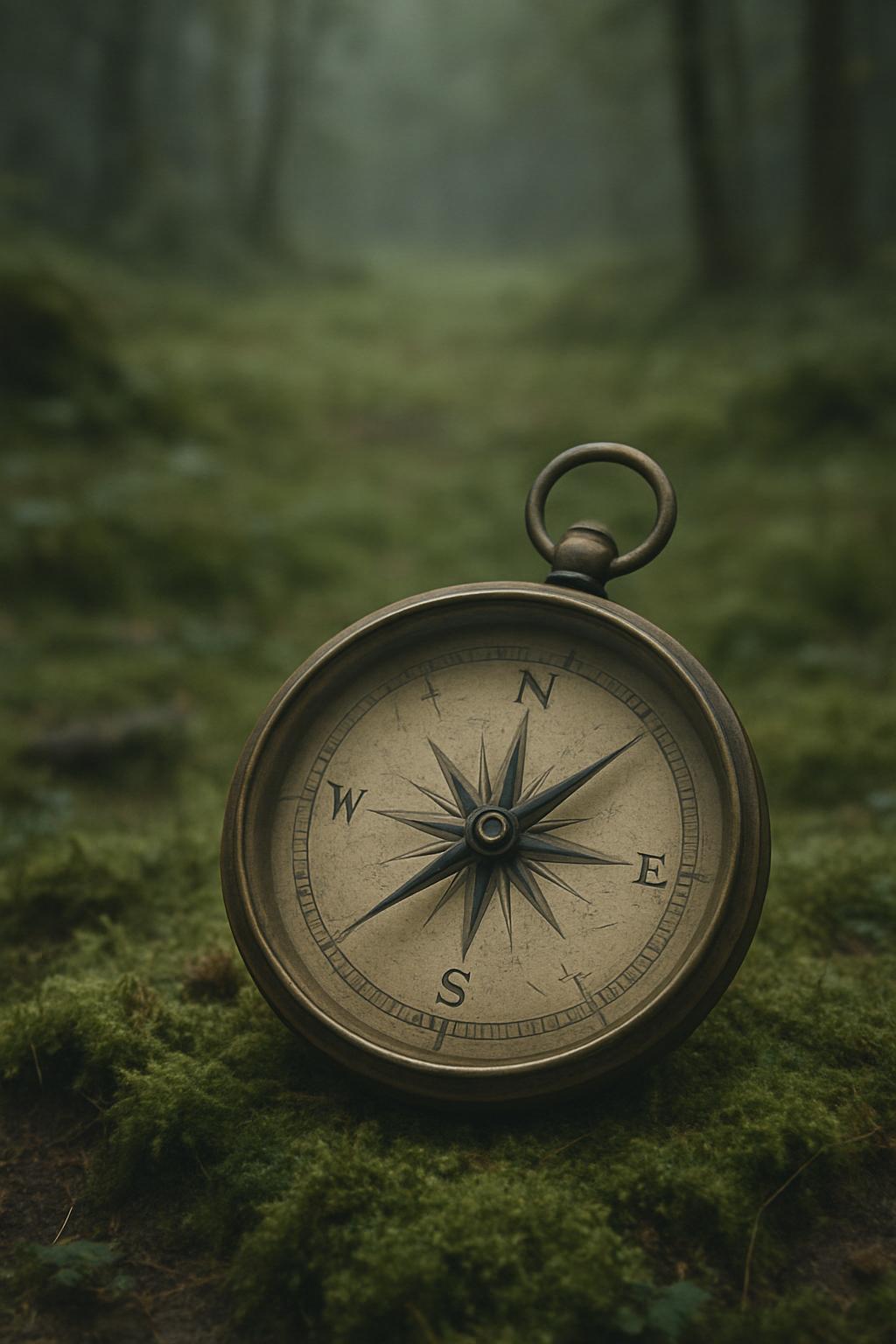 A vintage-fashion brass compass in a green and misty forest.