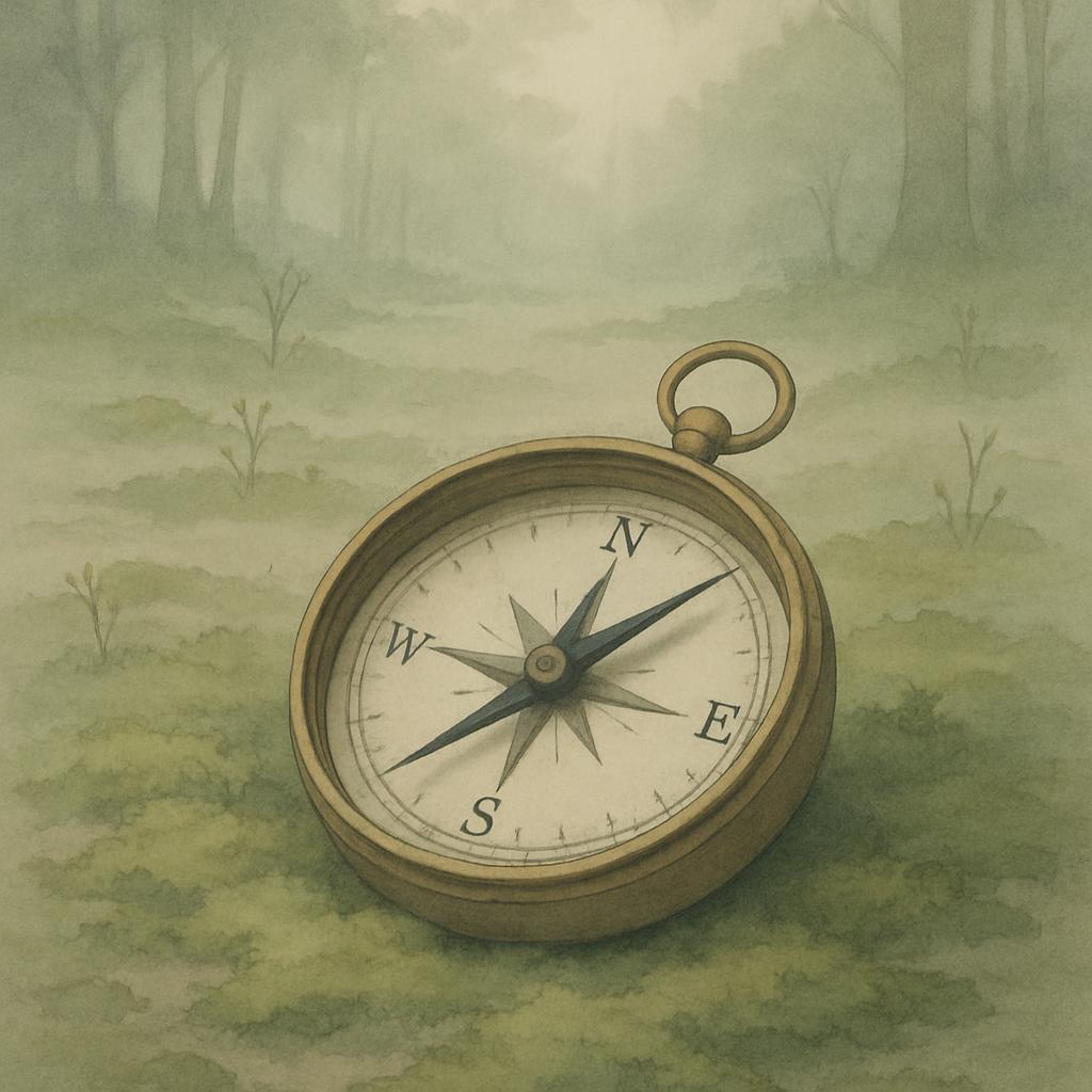 A serene forest scene with a compass in the foreground, set against a natural backdrop.
