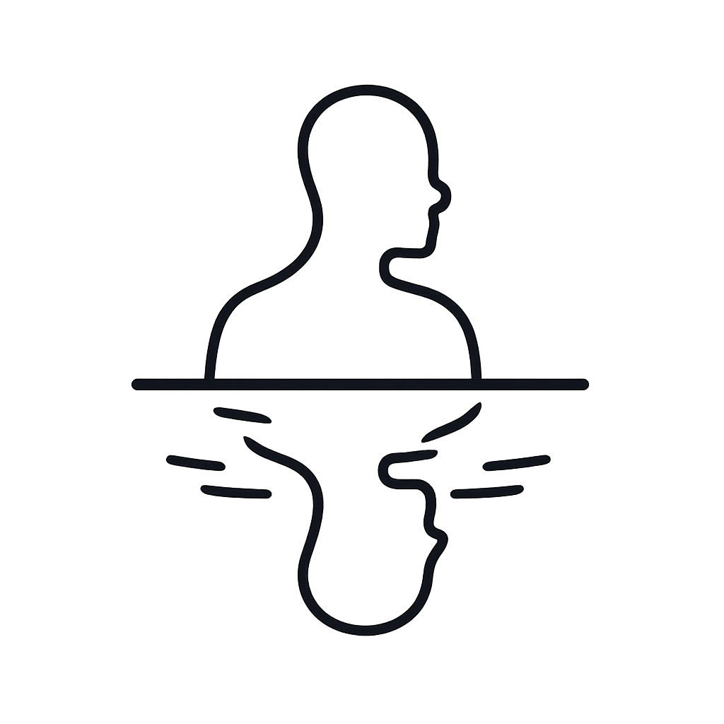 A simple line drawing of a human profile silhouette from the chest forward, with a universal lens icon in the background, ...
